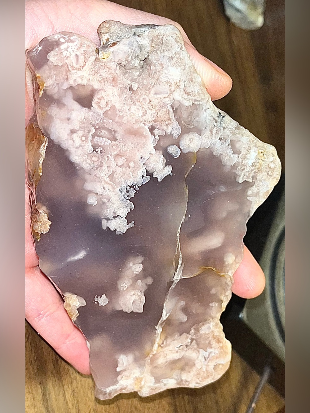 Large Polished Flower Agate Slab With Natural Raw Matrix Back